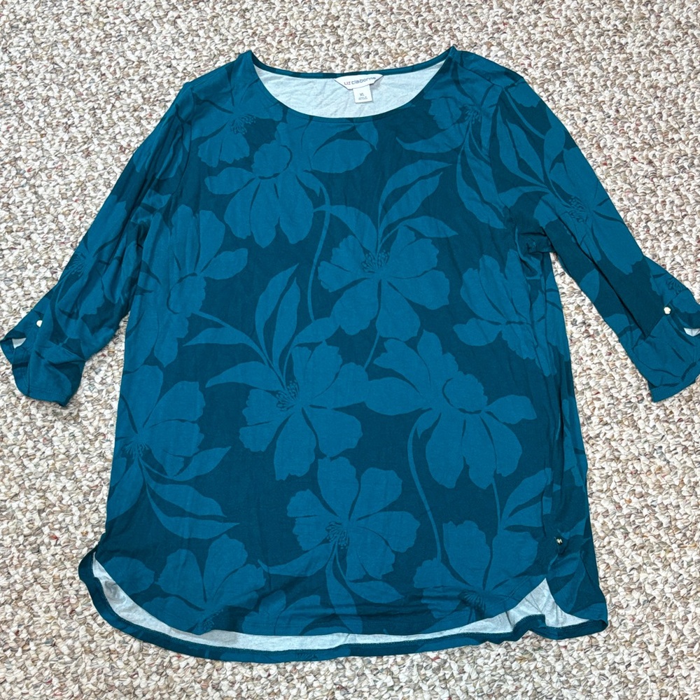 Liz Claiborne Teal Floral Roll-Tab Sleeve Tunic